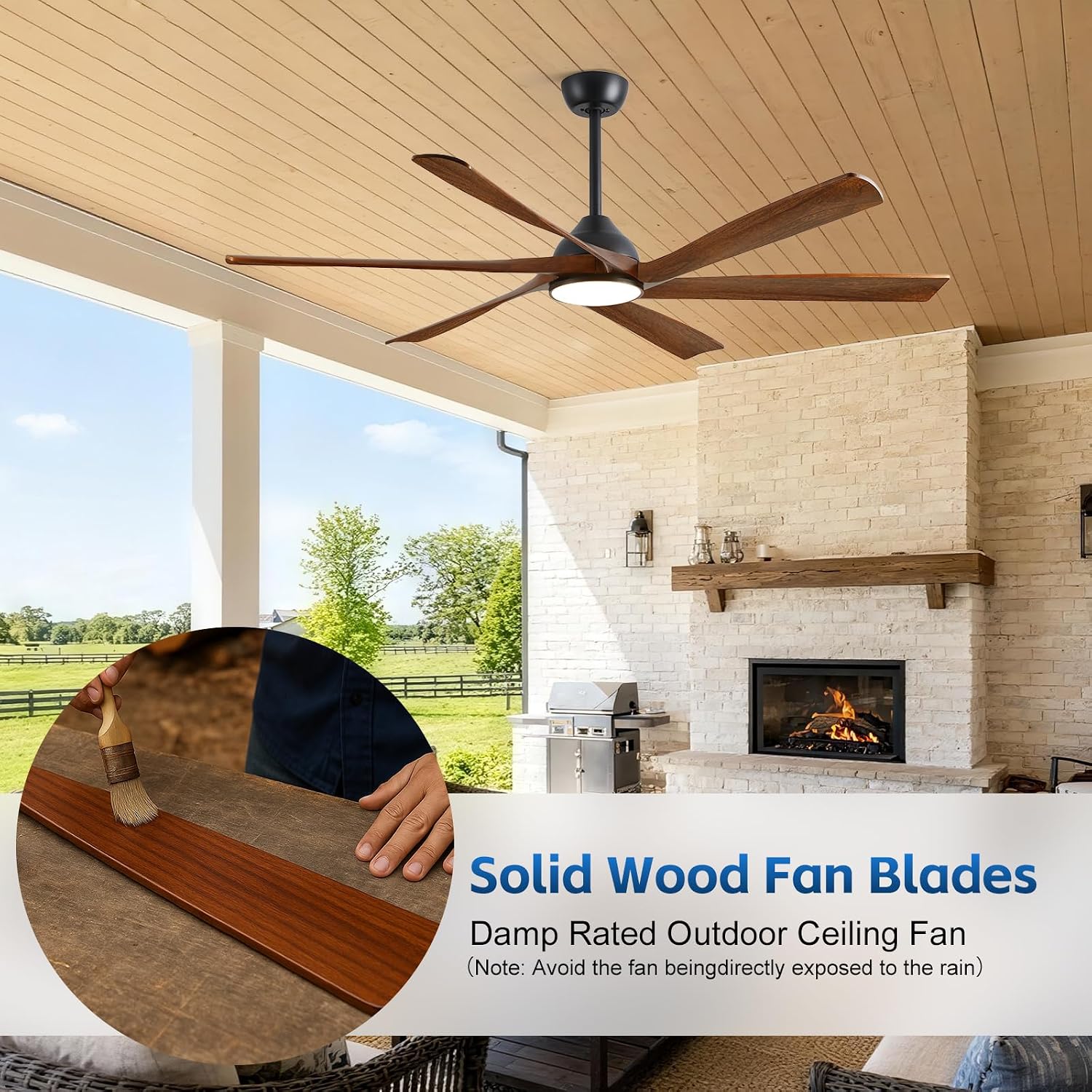 72 Inch Smart Ceiling Fan with Light and Remote via WiFi Alexa, Large Outdoor Ceiling Fans for Patios Damp Rated, Farmhouse Wood Propeller Ceiling Fan for Exterior Outside, High Velocity DC Motor