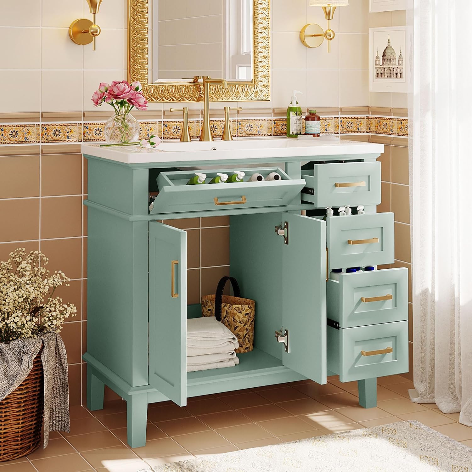 LUMISOL 36' Bathroom Vanity with Sink Combo, Modern Green Bathroom Storage Cabinet with Tip-Out Drawer, 3 Drawers & 2 Soft-Close Doors, Solid Wood Bathroom Vanity with Ceramic Sink, Green
