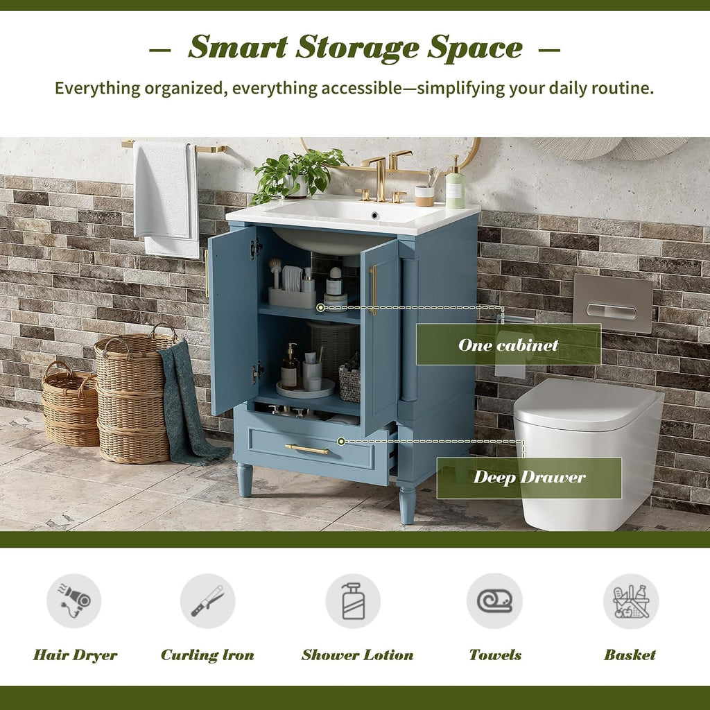 VilroCaz 24' Modern Bathroom Vanity with Ceramic Sink, Ornate Motif Design Doors & Soft-Close Hinges, Wood Bathroom Cabinet with Drawer, Ornately Carved French Cylinder Legs (Blue-4.23)