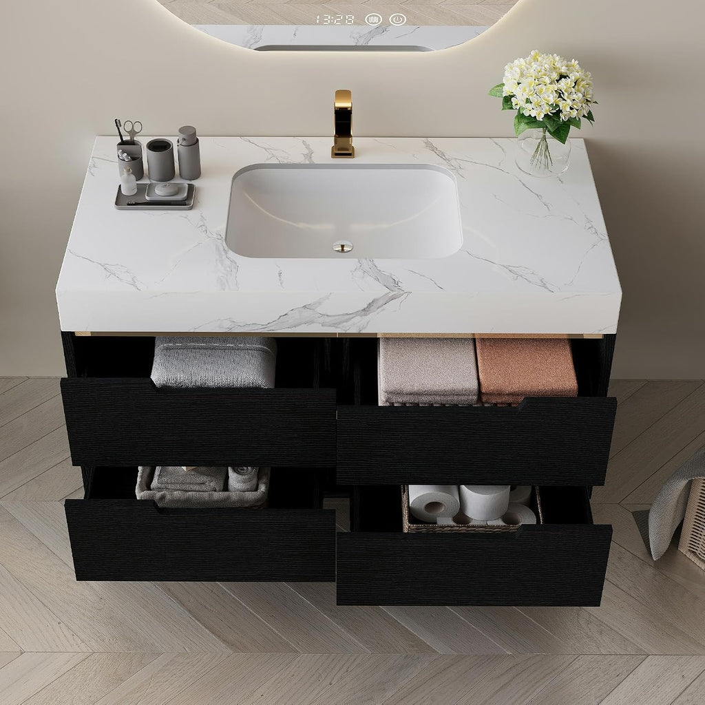 Glintee 36' Modern Bathroom Vanity with Ceramic Sink – Sintered Stone Top, 4 Soft-Close Drawers, Sturdy Solid Wood Cabinet, Wall-Mounted or Freestanding, Easy Assembly, Black & White
