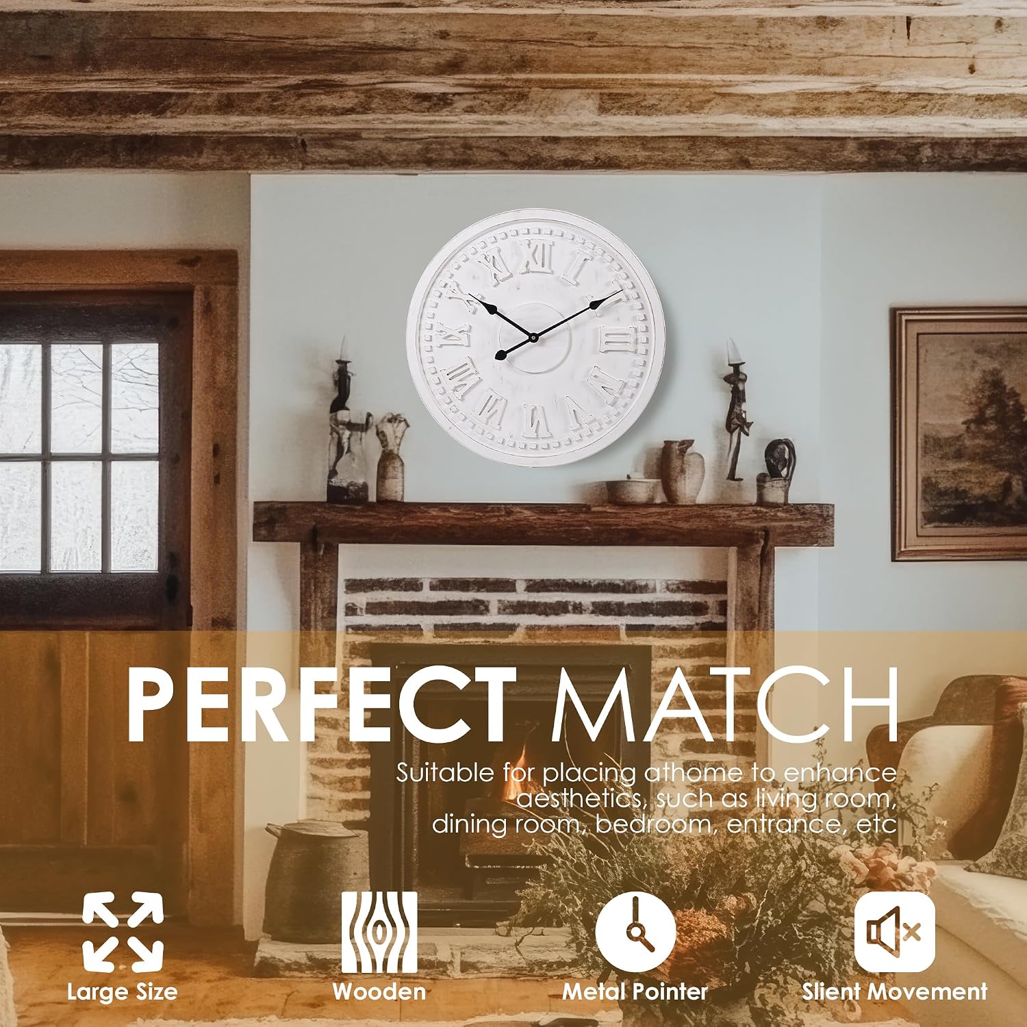 Vintage Wall Clock with Roman Numerals – 24', 30', 36' – Quartz Movement, Black Hands, Distressed Finish, MDF Wood Veneer – Elegant Home Decor