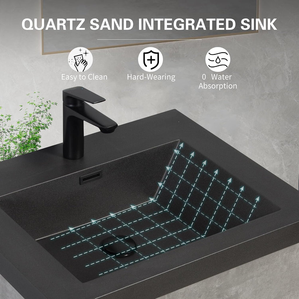 24' Floating Bathroom Vanity with Sink, Modern Wall-Mounted Bathroom Storage Vanity Cabinet with Black Quartz Sand Top Basin and Soft Close Drawers