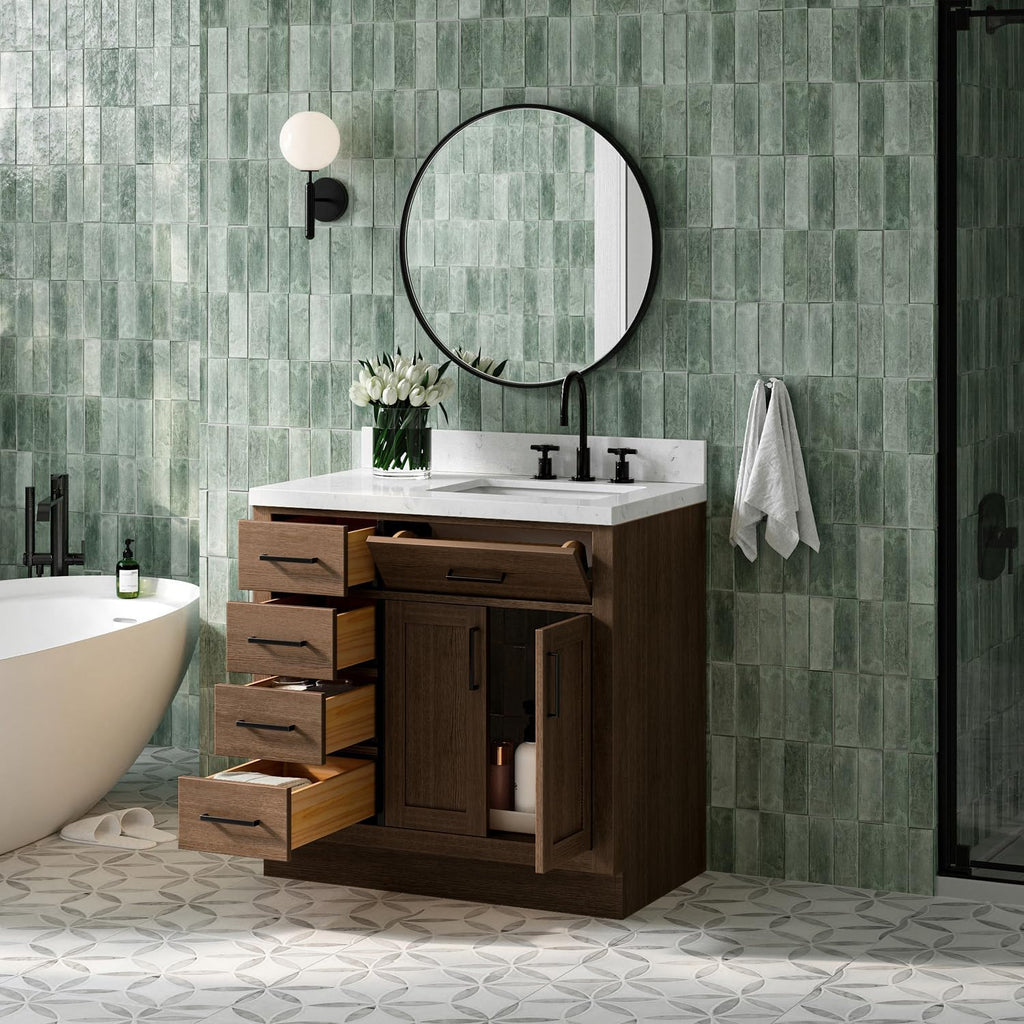 ARIEL Hepburn 36-inch Bathroom Vanity with Sink,Solid Wood, 1.5-inch Carrara White Quartz Countertop, Single Rectangular Porcelain Sink, 2 Soft Closing Doors, 5 Dovetail Drawers, Brown Oak