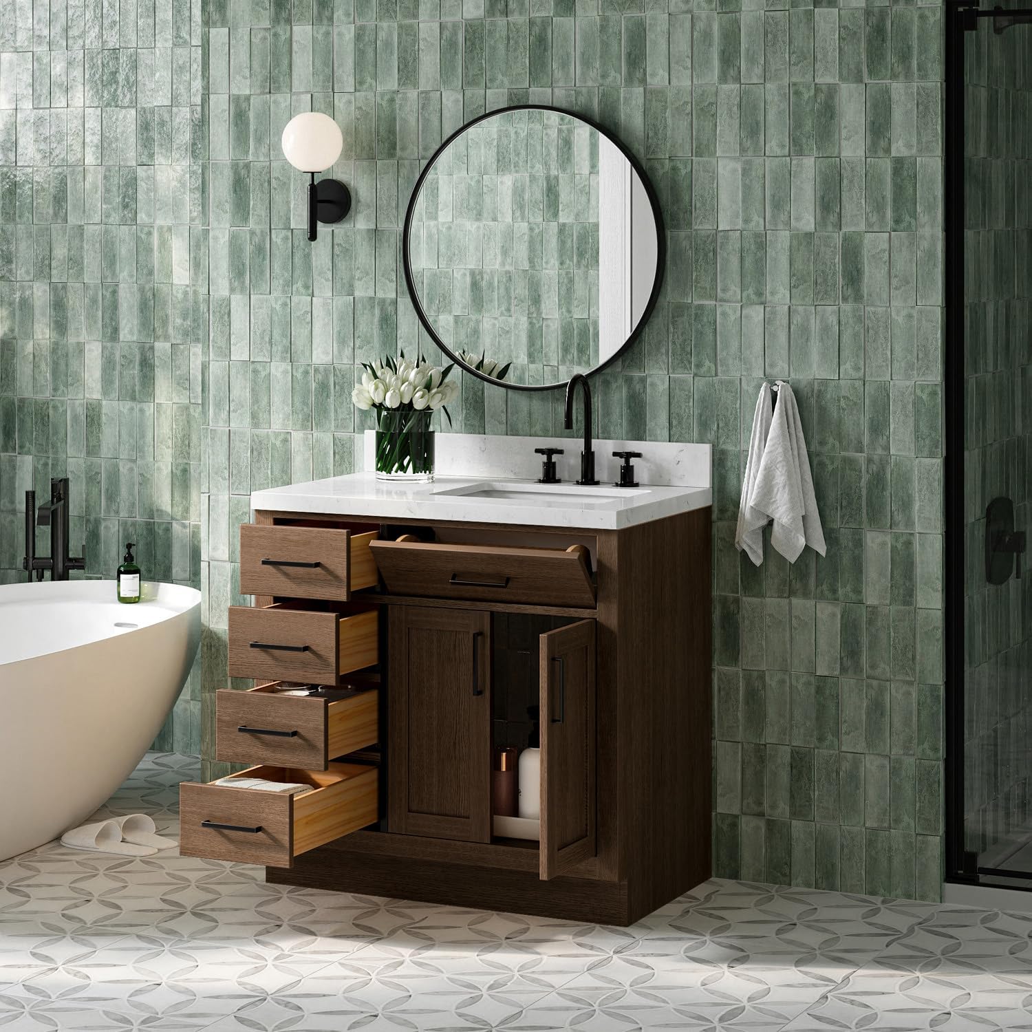 ARIEL Hepburn 36-inch Bathroom Vanity with Sink,Solid Wood, 1.5-inch Carrara White Quartz Countertop, Single Rectangular Porcelain Sink, 2 Soft Closing Doors, 5 Dovetail Drawers, Brown Oak