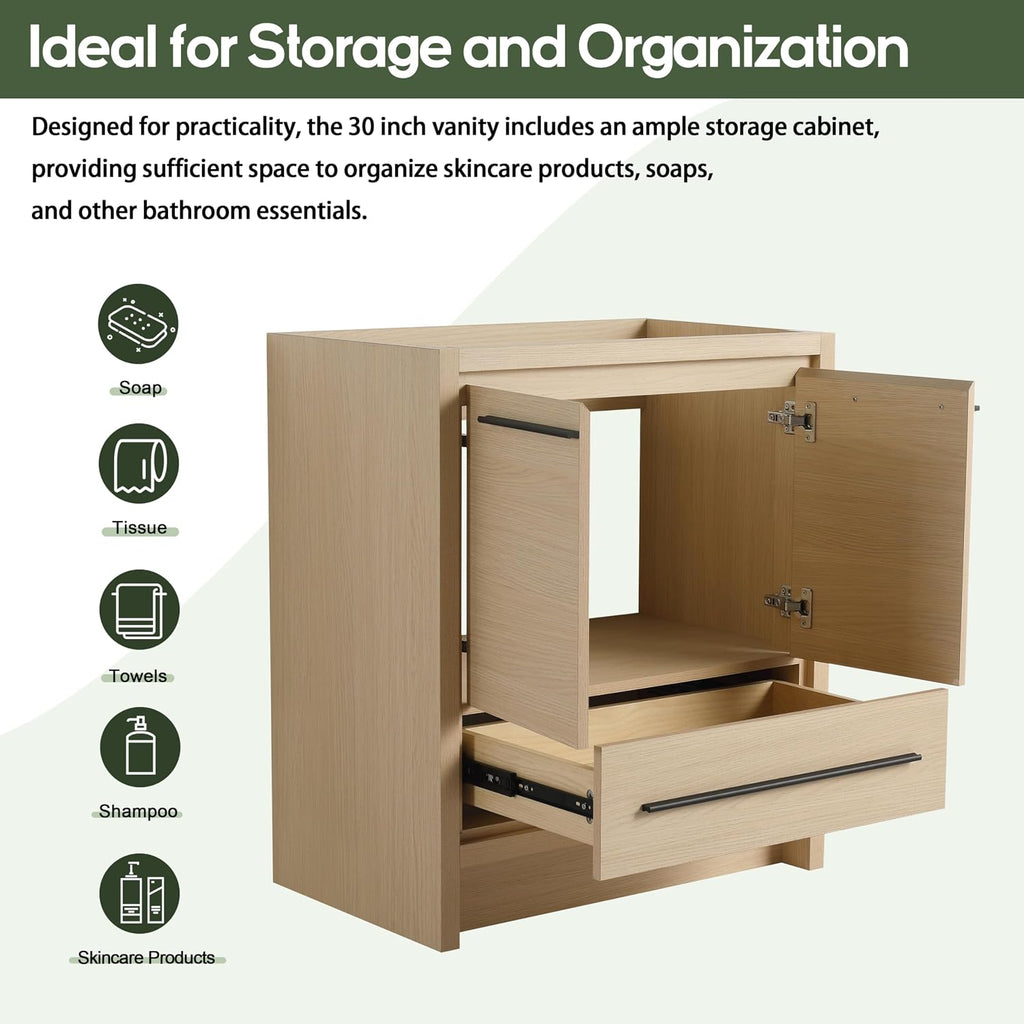 30 Inch Bathroom Vanity Without Sink, 30' Freestanding Vanity Without Sink Top, Sturdy Plywood Wooden Cabinet and 1 Drawer with Stainless Steel Slide Rails, Modern Floor-Standing Cabinet