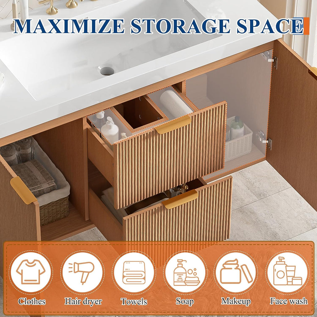 36 Inch Bathroom Vanity with Sink, Modern Fluted Single Bathroom Vanity with Ceramic Sink, Bath Room Cabinet with Divided Drawers, Wall-Mounted Modern Storage Vanity for Small Space (36''-Wood)