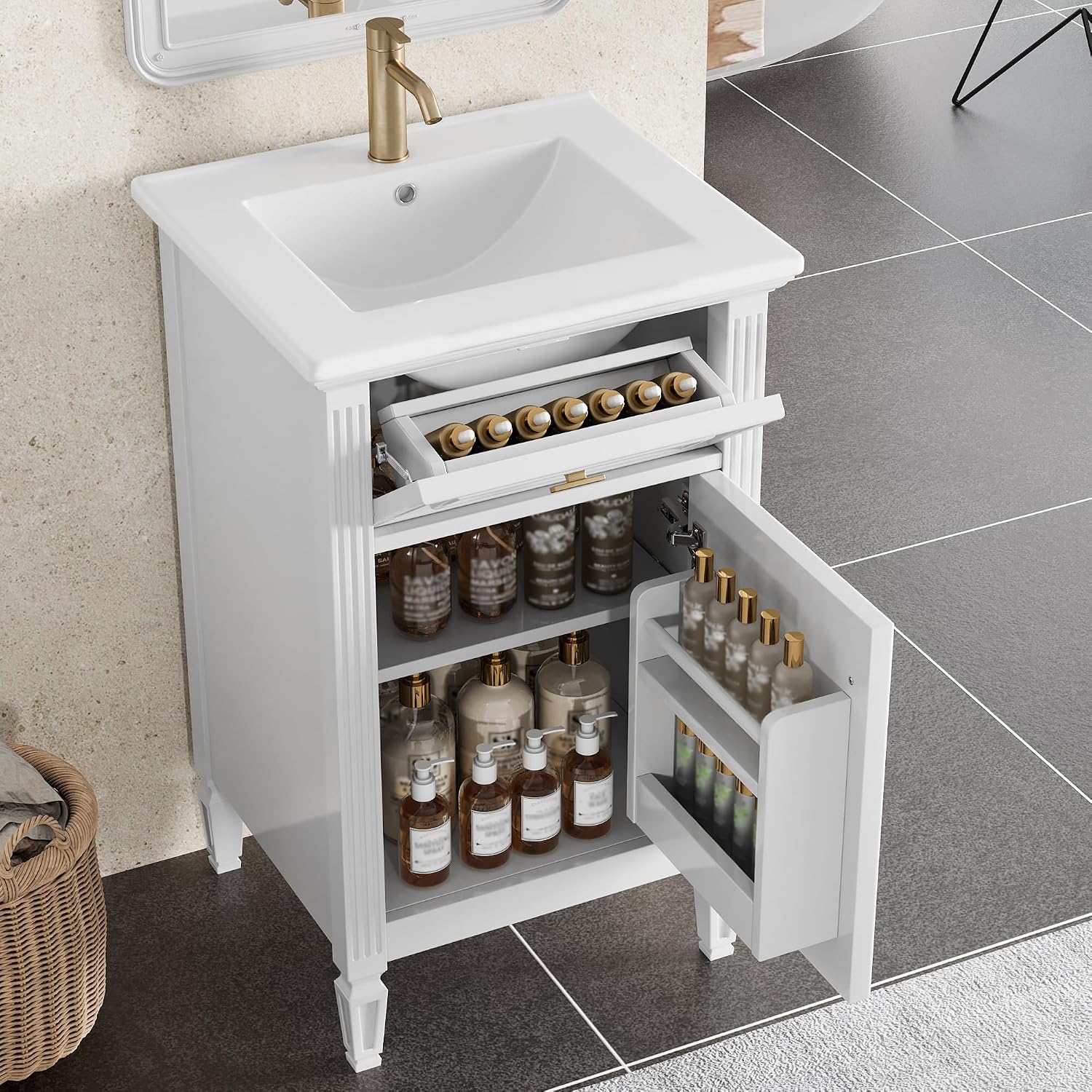 20'' Bathroom Vanity with Sink, Freestanding Storage Cabinet with Tilt-Out Drawer, Adjustable Shelf and Solid Wood Legs for Small Bathroom (White-4.10)