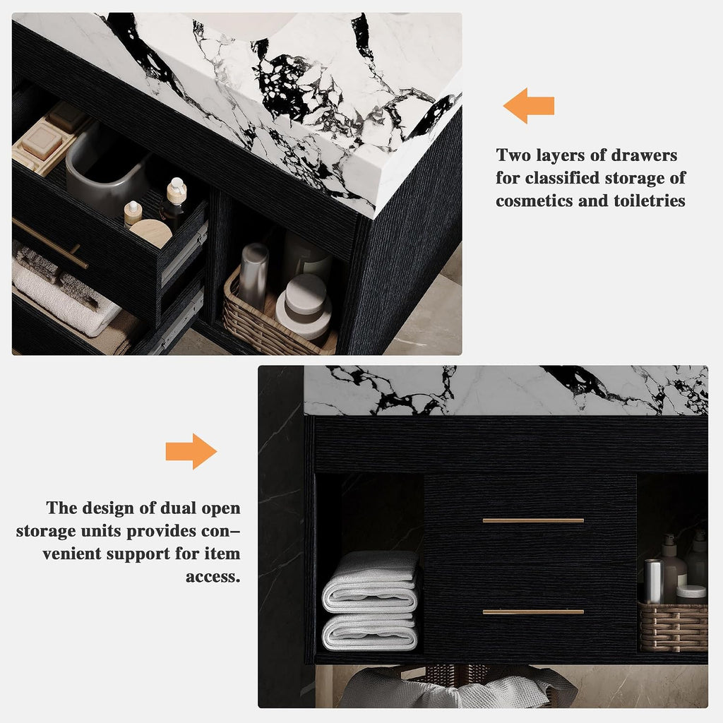 30' Bathroom Vanity with Sink Set, Modern Black Wall Mounted Bathroom Vanity Cabinet with Sintered Stone Top&Gold Handle 2 Drawers&2 Open Storage, Single Sink Floating Bathroom Vanity