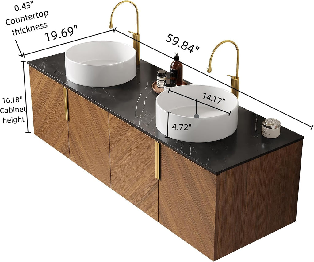 LKTART 60 Inch Bathroom Vanity Double Sink, Double Sink Bathroom Vanity with White Round Ceramic Basins, 4 Doors Modern Wall Mounted Bathroom Storage Cabinet, Black Sintered Stone Countertop, Brown