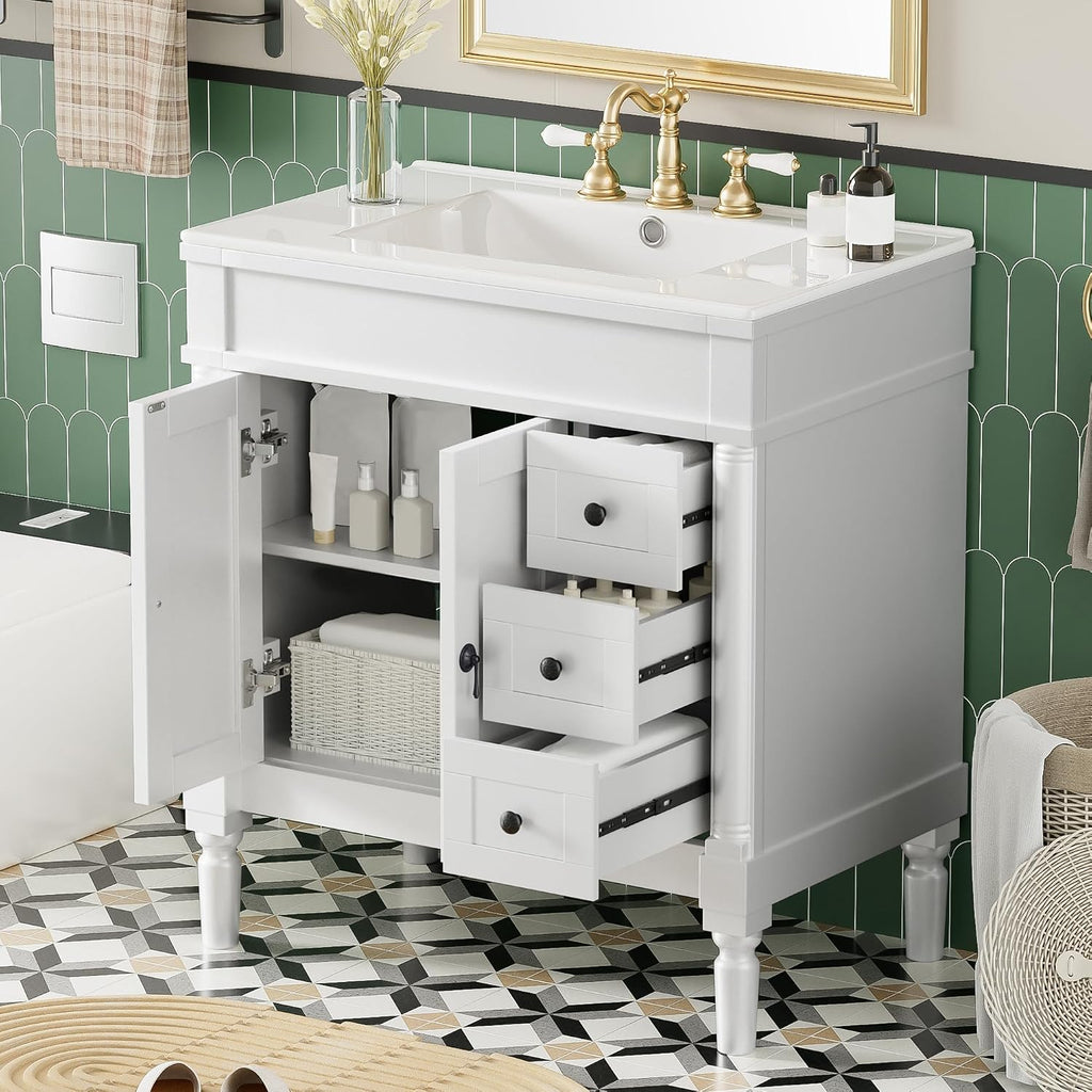 Favfurish 30' Bathroom Vanity with Ceramic Sink,2 Soft-Closing Doors and 3 Drawers,Bathroom Storage Cabinet Set w/U-Shaped Adjustable Shelf,Modern Elegant Design,Without Faucet,White