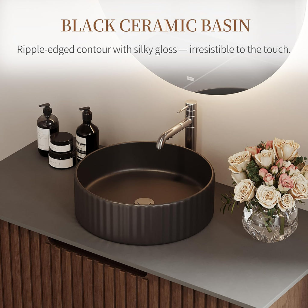 36' Floating Bathroom Vanity with Sink, Modern Wall Mounted Vanity Bathroom Storage Cabinet with Dark Gray Sintered Stone Top Black Ceramic Basin, Walnut