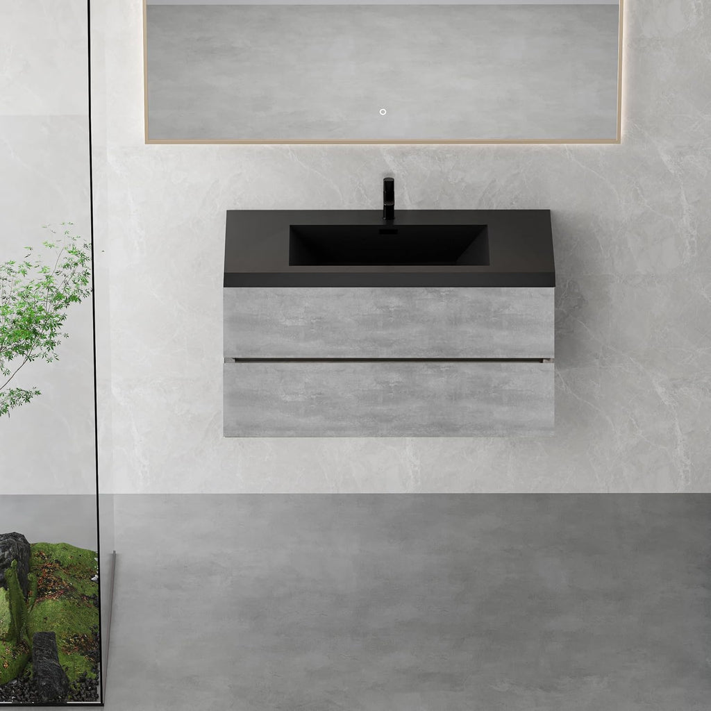 42' Floating Bathroom Vanity with Black Sink, Modern Wall-Mounted Bathroom Storage Vanity Cabinet with Black Quartz Sand Top Basin and Soft Close Drawers