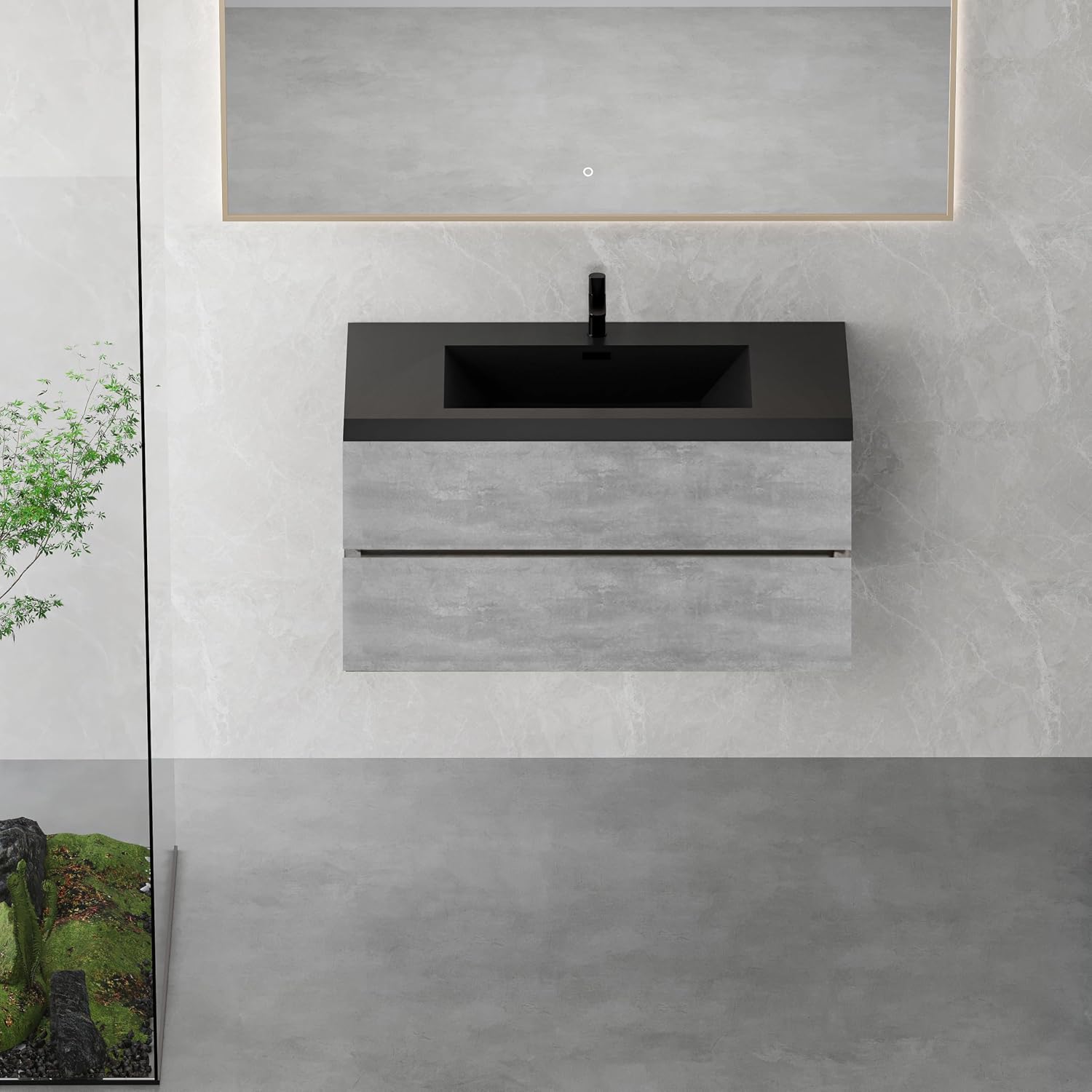 42' Floating Bathroom Vanity with Black Sink, Modern Wall-Mounted Bathroom Storage Vanity Cabinet with Black Quartz Sand Top Basin and Soft Close Drawers