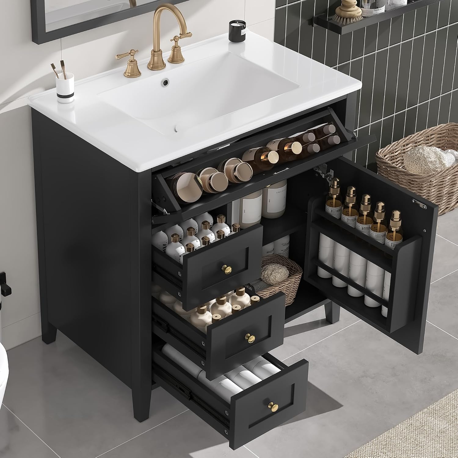 30-inch Bathroom Vanity with Sink Combo, Free-Standing Single Storage Cabinet with Tilt-Out Drawer, 3 Drawers, Adjustable Shelf & Storage Rack, Vanity with Ceramic Basin for Bathroom (Black)