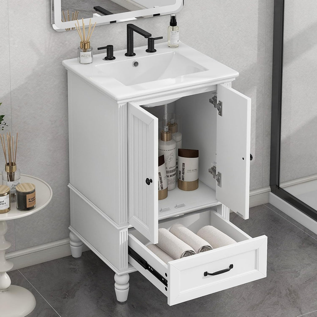 VilroCaz 20' Bathroom Vanity with Sink, Freestanding Bathroom Storage Cabinet with 2 Doors, a Drawer, Magnetic Door Stopper, Solid Wood Legs and Adjustable Foot Pads (White-10.10)
