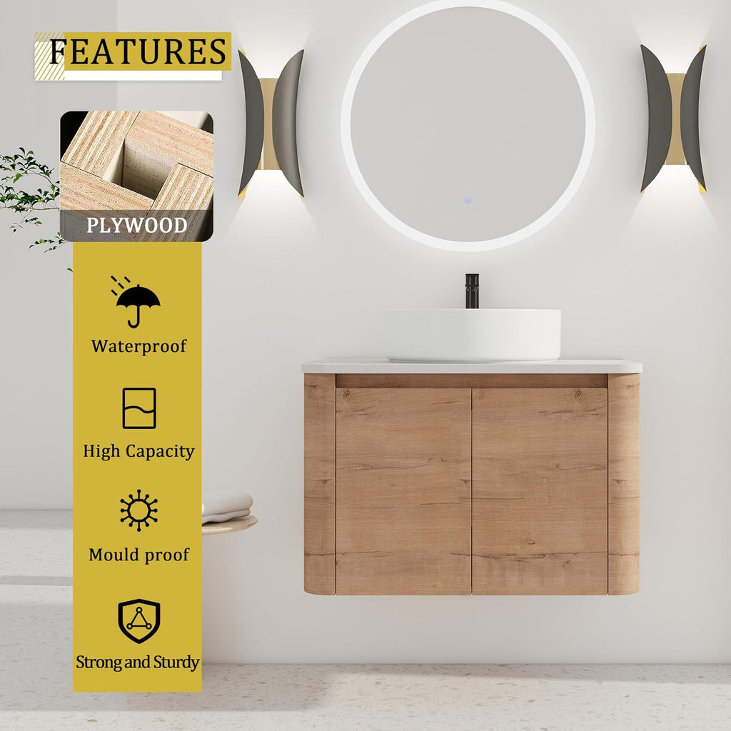 30 Inch Wall-Mounted Bathroom Vanity with Sink Combo Modern Floating Bathroom Vanitites with Round Ceramic Vessel Sink 30' Bathroom Sink Cabinet with Marble Counter Top & Soft Closing Door