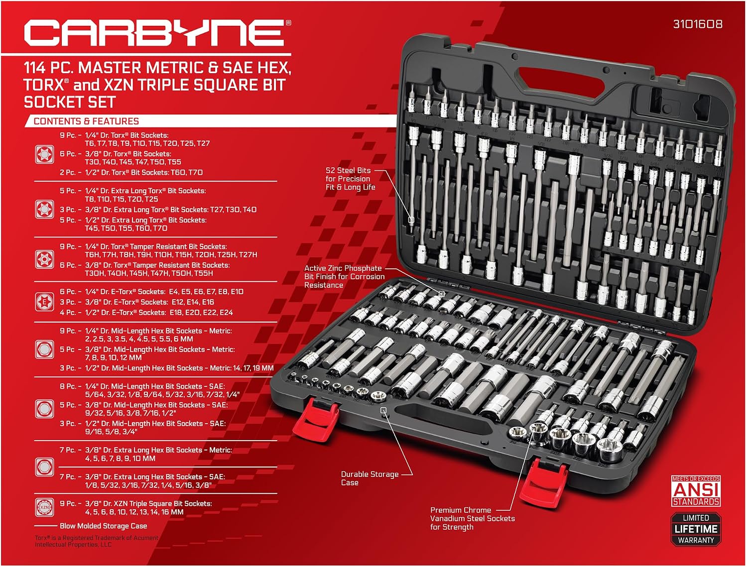 CARBYNE 114-Piece Master Metric & SAE Hex (Allen), Torx and XZN Triple Square Bit Socket Set | S2 Steel Bits, CrV Steel Sockets, Corrosion Resistance, Durable Case | 1/4', 3/8' & 1/2' Dr.
