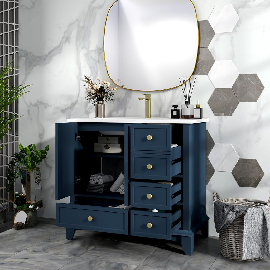 36 inch Bathroom Vanity with Sink Combo, Mid Century Modern Freestanding Bathroom Cabinet with Integrated Ceramic Sink, 4 Storage Drawers, 2 Soft Closed Doors, Adjustable Shelves, Golden Handle, Blue