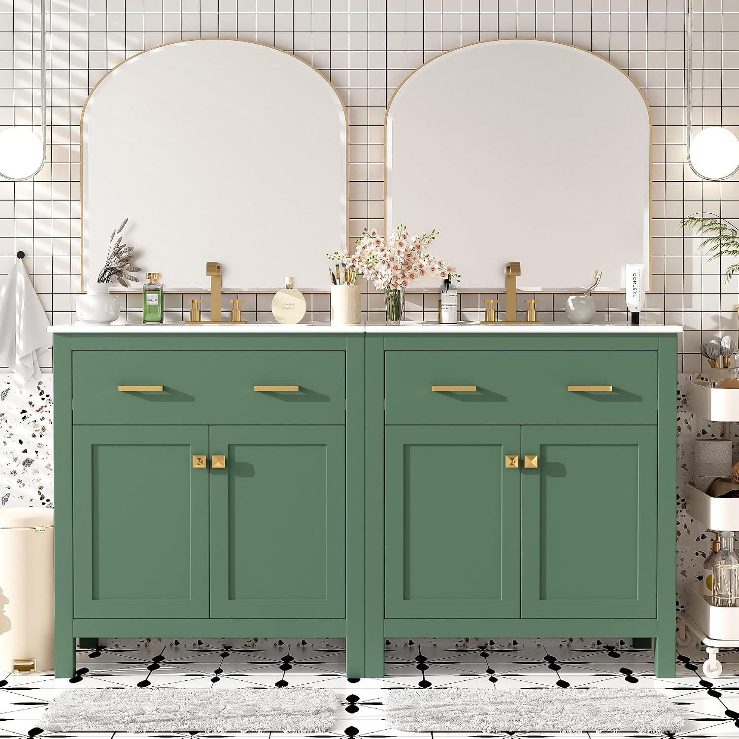 Harper & Bright Designs 60' Bathroom Vanity Set with Double Sink, Vanity Cabinet with Flip Drawer, 2 Doors, and Adjustable Shelf, Solid Wood Bathroom Cabinet with Ceramic Basin for Bathroom, Green