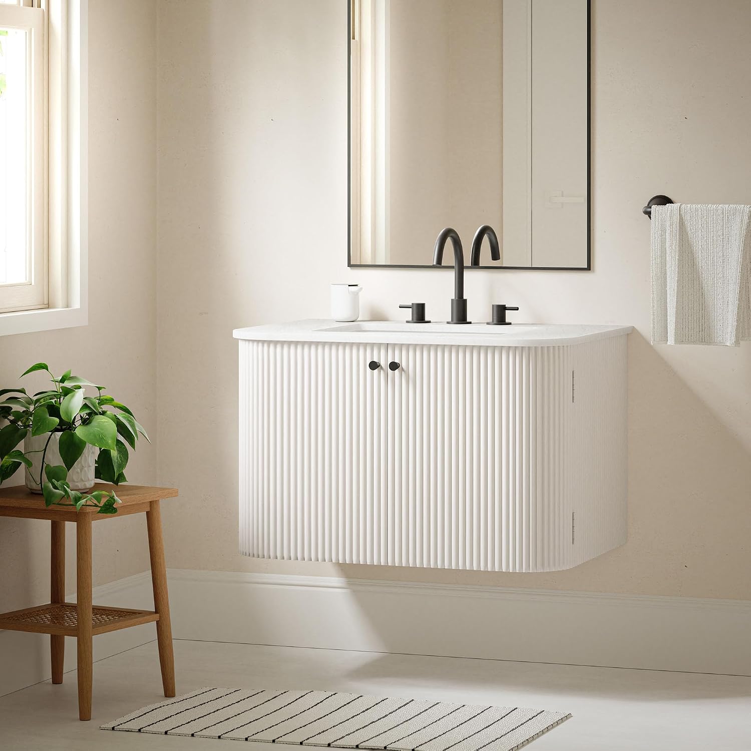 Modway Zia 30 Inch Wall-Mount Bathroom Vanity in Ivory with Marble Sink Basin - Floating Bathroom Cabinet with Fluted Design