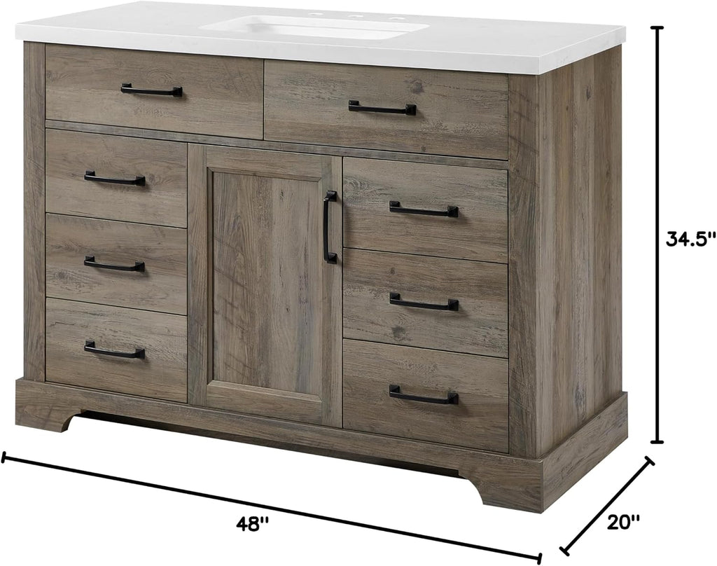 Mia Brown Grey Oak Wood 48-Inch Single Bathroom Vanity with Sink, Shaker Door Cabinet with Shelf, Drawers, Matte Black Handles, Pre-Drilled Marbled White Stone Top, Freestanding, Fully Assembled