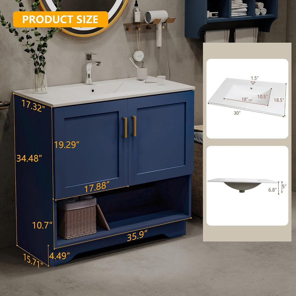 36 Inch Modern Bathroom Vanity with Ceramic Sink - Freestanding Cabinet 2 Soft-Close Doors & 1 Open Shelf, White Space-Saving Design for Powder Rooms (Blue)
