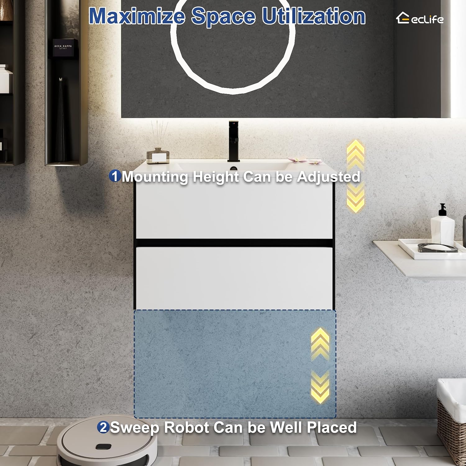 eclife 30' Bathroom Vanity Cabinet with Undermount White Sink Combo, Wall Mounted Floating Bathroom Cabinet with Colors Mixed Style, 2 Big Drawers & Matte Black Faucet