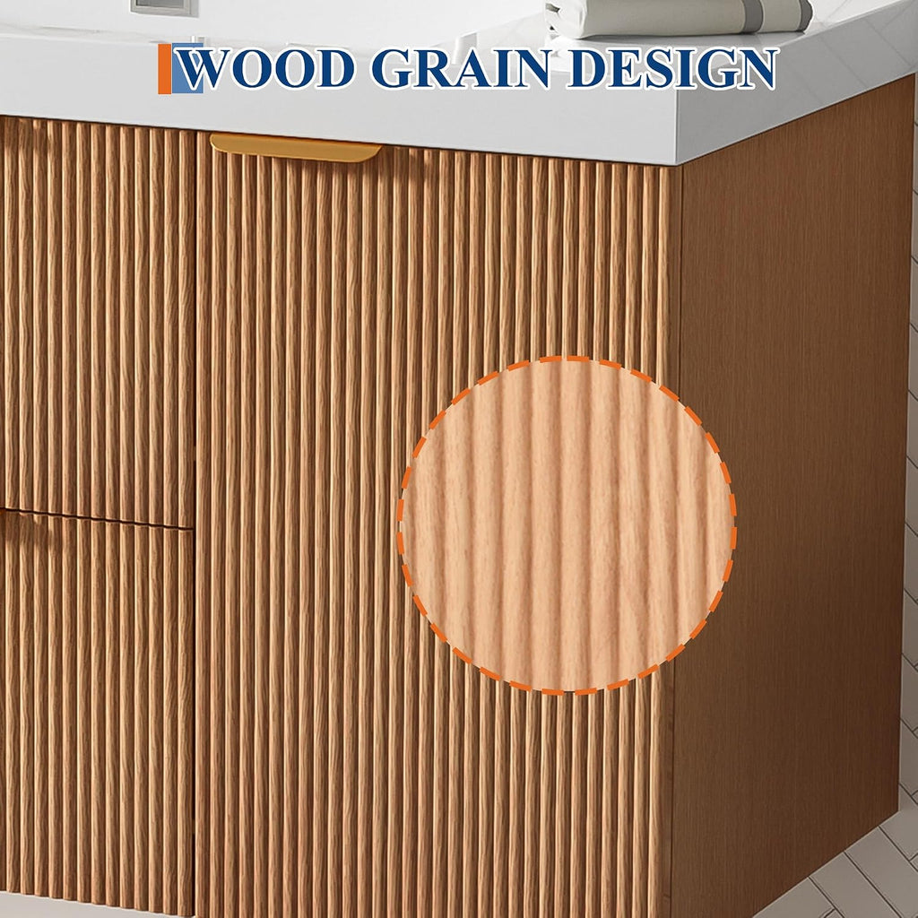 36 Inch Bathroom Vanity with Sink, Modern Fluted Single Bathroom Vanity with Ceramic Sink, Bath Room Cabinet with Divided Drawers, Wall-Mounted Modern Storage Vanity for Small Space (36''-Wood)