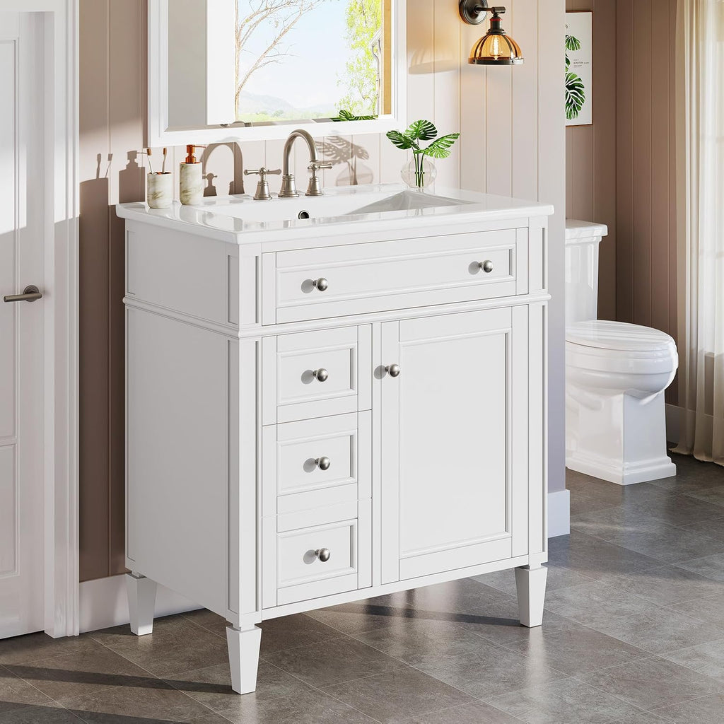 Tribesigns 30-Inch Bathroom Vanity with Sink, Modern Bathroom Sink Cabinet with 3 Drawers & 2 Doors, Bath Storage Vanity Sink with Metal Handles, Solid Wood Frame, Paint Surface White