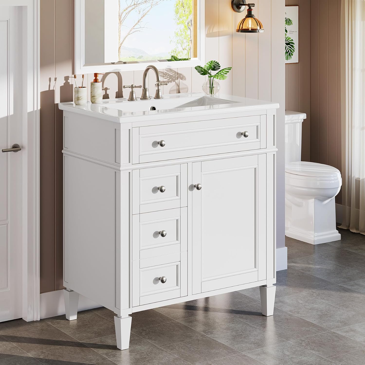 Tribesigns 30-Inch Bathroom Vanity with Sink, Modern Bathroom Sink Cabinet with 3 Drawers & 2 Doors, Bath Storage Vanity Sink with Metal Handles, Solid Wood Frame, Paint Surface White