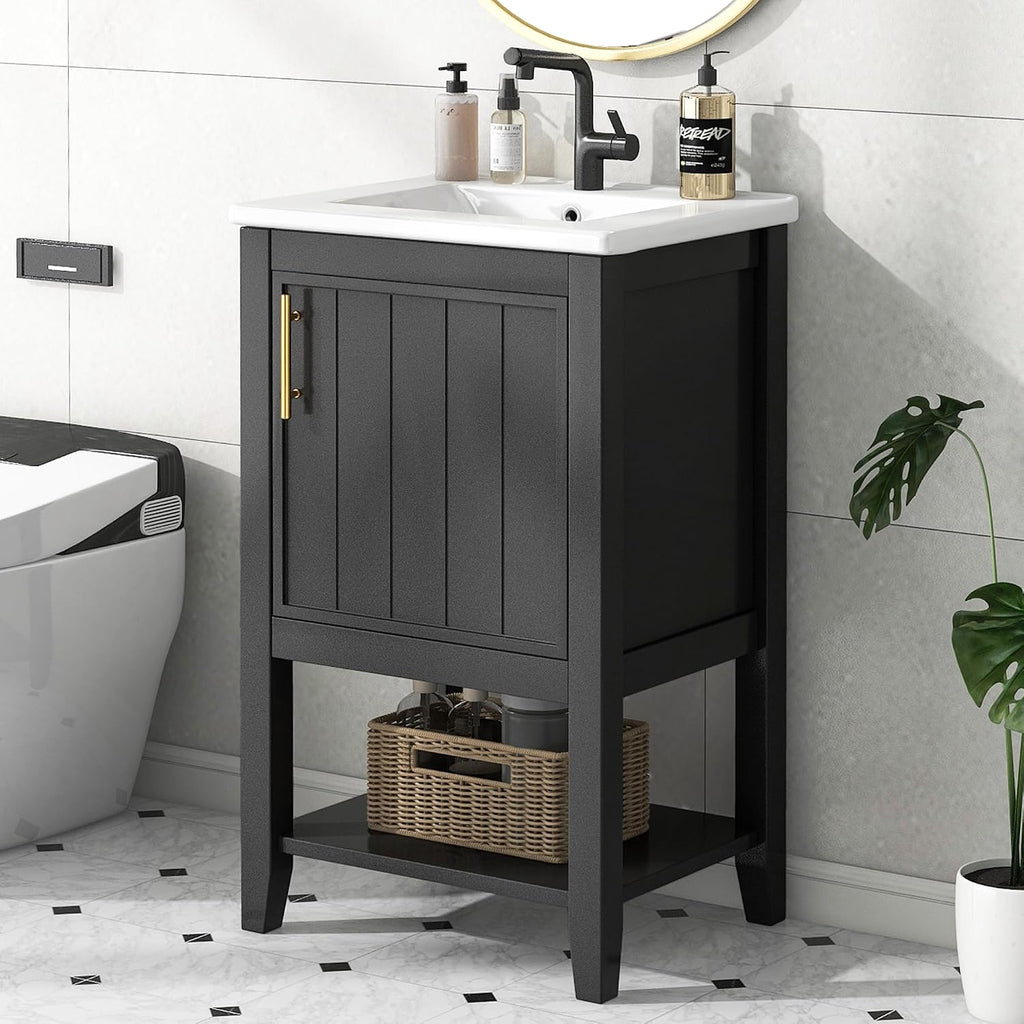 20' Bathroom Vanity Cabinet with Ceramic Sink Top Set, Freestanding, Two-Tier Storage Rack, Soft Closing Door, Black