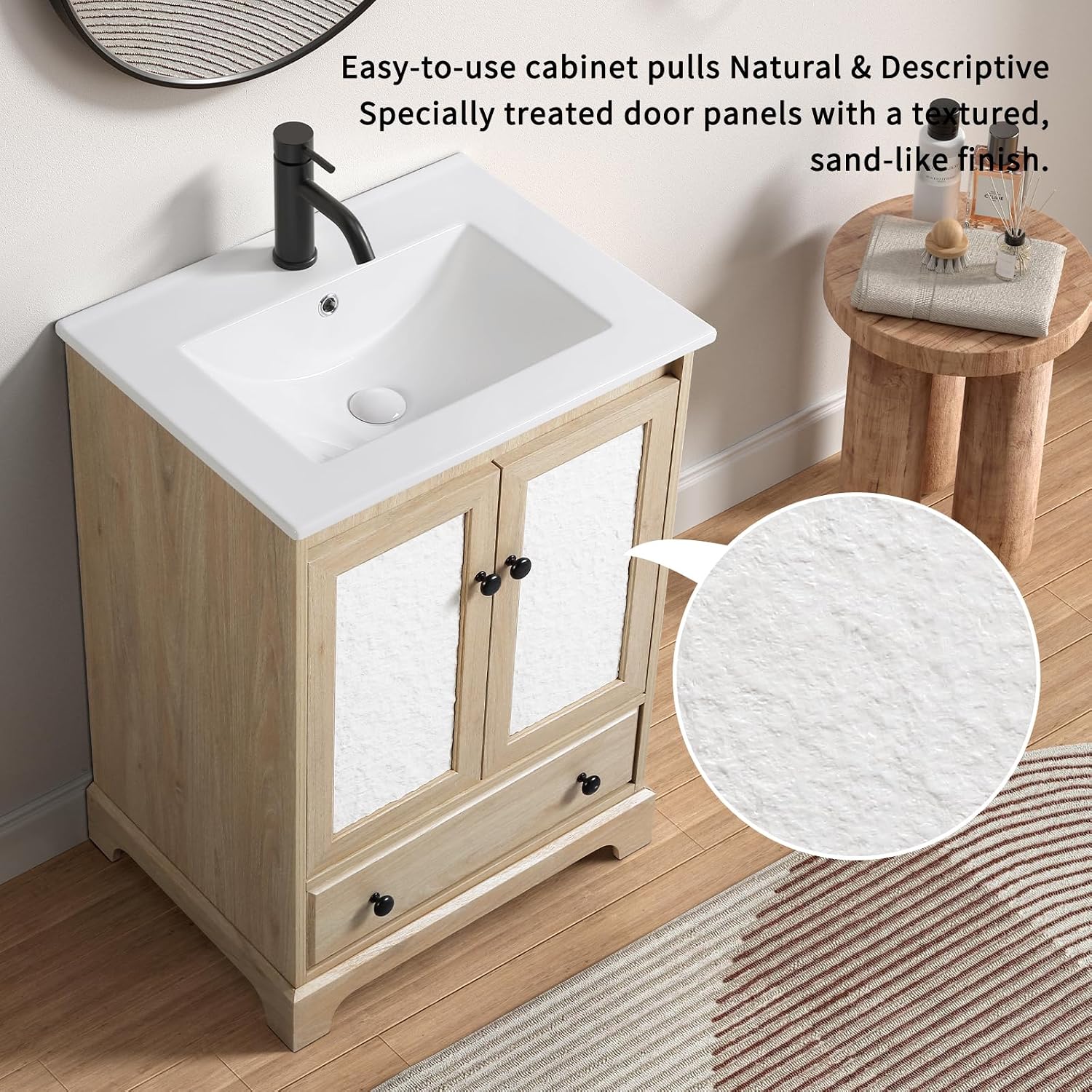 24 inch Bathroom Vanity with Sink, Modern Freestanding Bathroom Vanity Cabinet with Ceramic Sink, Sand Like Texture Cabinet Doors, Soft Closed Drawer, Adjustable Shelf, Easy Assembly