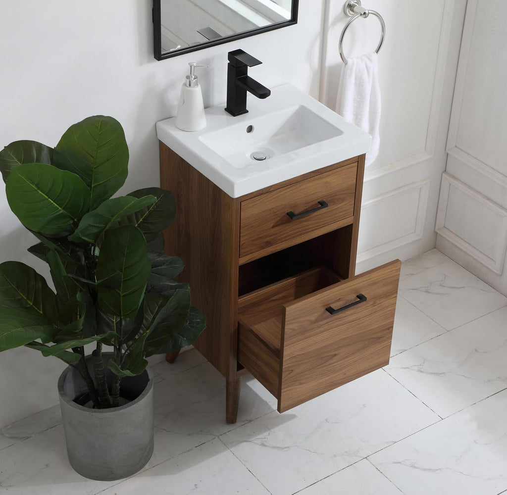 18' Pre-Assembled Bathroom Vanity with Sink, Engineered Wood, White Resin Countertop Attached, Single Rectangle Porcelain Sink, 1 Soft-Close Drawers, Walnut Brown