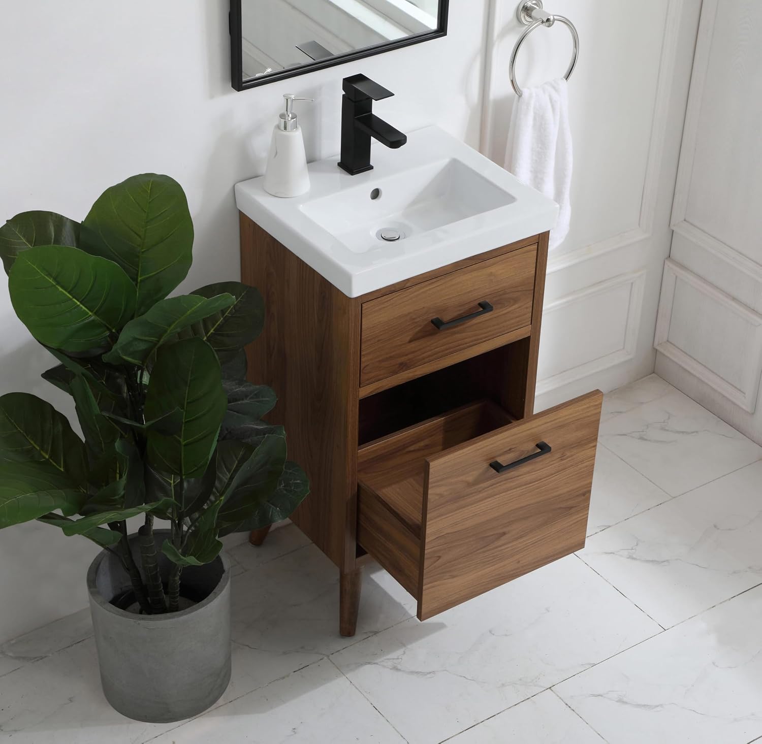 18' Pre-Assembled Bathroom Vanity with Sink, Engineered Wood, White Resin Countertop Attached, Single Rectangle Porcelain Sink, 1 Soft-Close Drawers, Walnut Brown