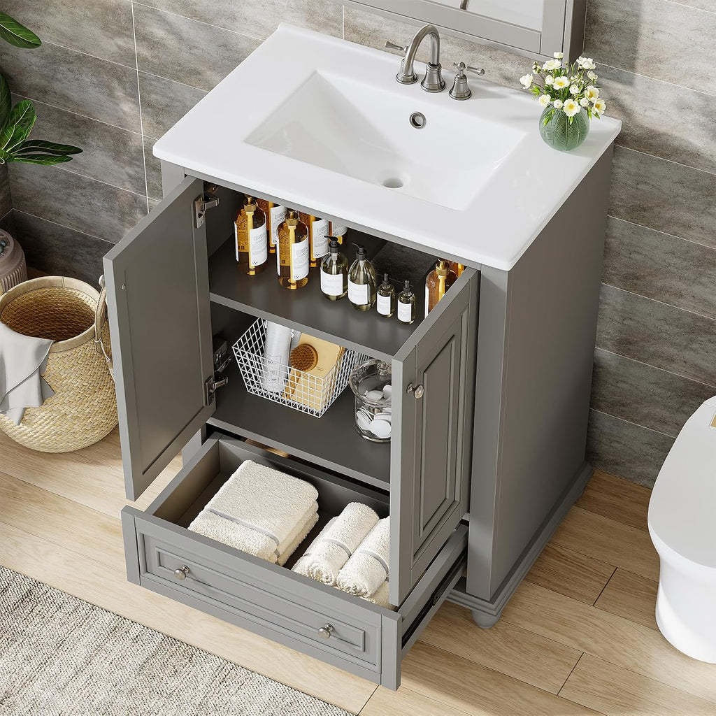 Tribesigns 24' Bathroom Vanity with Ceramic Sink Combo, Freestanding Bathroom vanities Storage Cabinet with 2 Doors & 1 Drawer, Solid Wooden Frame & Coated Surface, Metal Handle (Grey, 24 Inch)