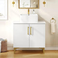 YITAHOME 30 Inch Bathroom Vanity with Vacuum Forming, Freestanding Storage Cabinet Vanity with Engineered White Stone Countertop, 2 Large Soft Closing Doors with Shelf, Gold Handles & Legs, White
