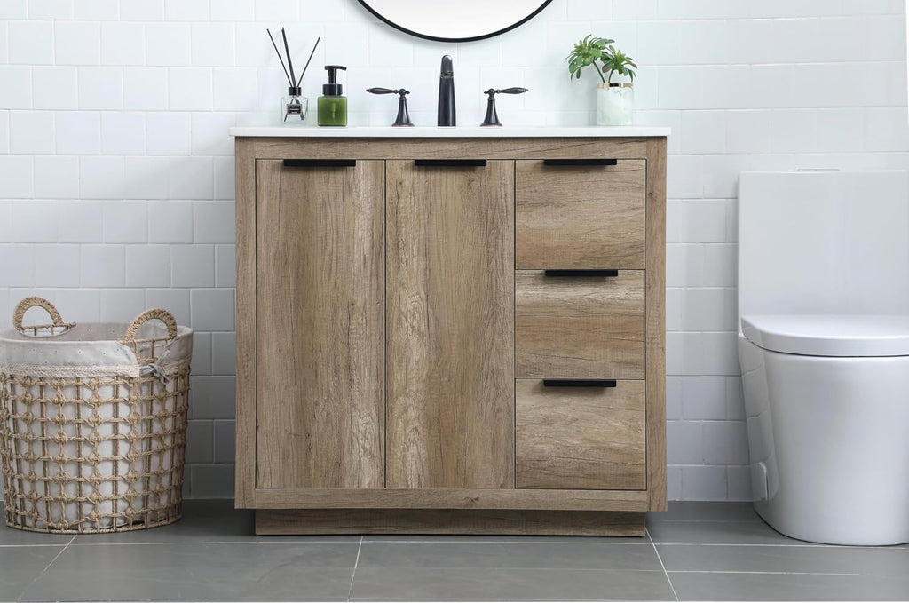 36 Single Bathroom Vanity, with Engineered Marble Top Soft-Close, Natural Oak