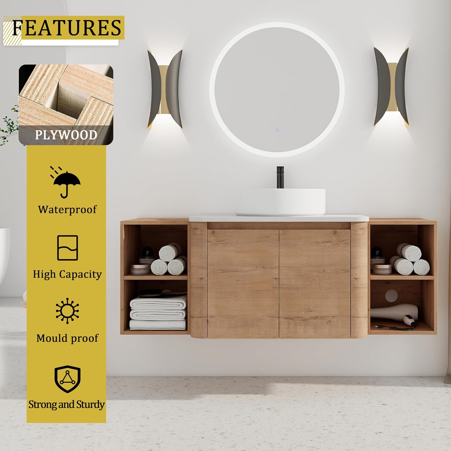 54 Inch Wall-Mounted Bathroom Vanity with Sink Combo Modern Floating Bathroom Vanitites with Round Ceramic Vessel Sink 54' Bathroom Sink Cabinet with Marble Counter Top & 2 Side Storage Shelves