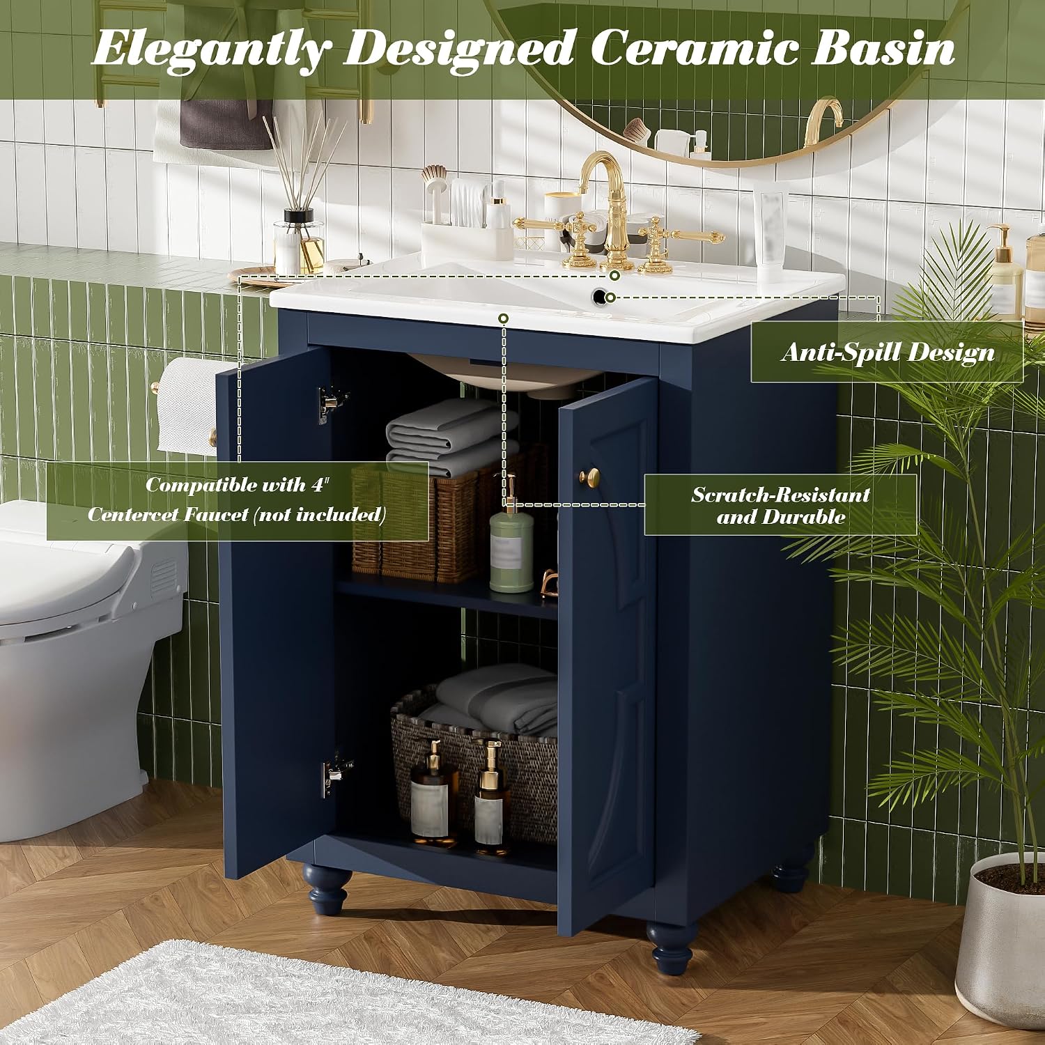 VilroCaz 24' Modern Bathroom Vanity with Ceramic Sink, Ornate Elliptical Motif Design & Soft-Close Hinges, Wood Bathroom Cabinet with Ball-Turned Legs, French Elegance (Blue-Ele)