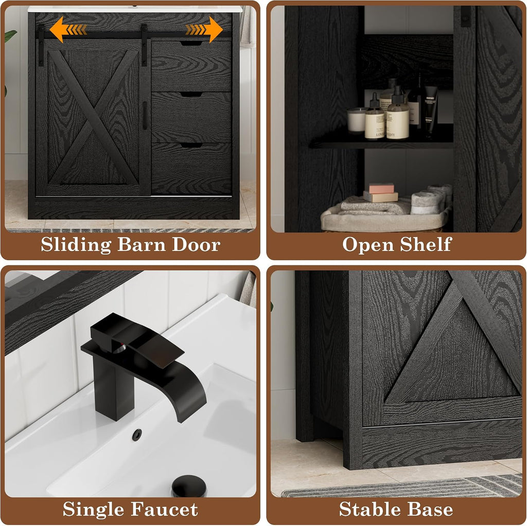 chartustriable 36 Inch Bathroom Vanity with Sink & Faucet & Mirror, Farmhouse Bathroom Vanity Cabinet Set with Sliding Barn Door & Drawers, Small Single Bath Storage Vanity Sink, Black