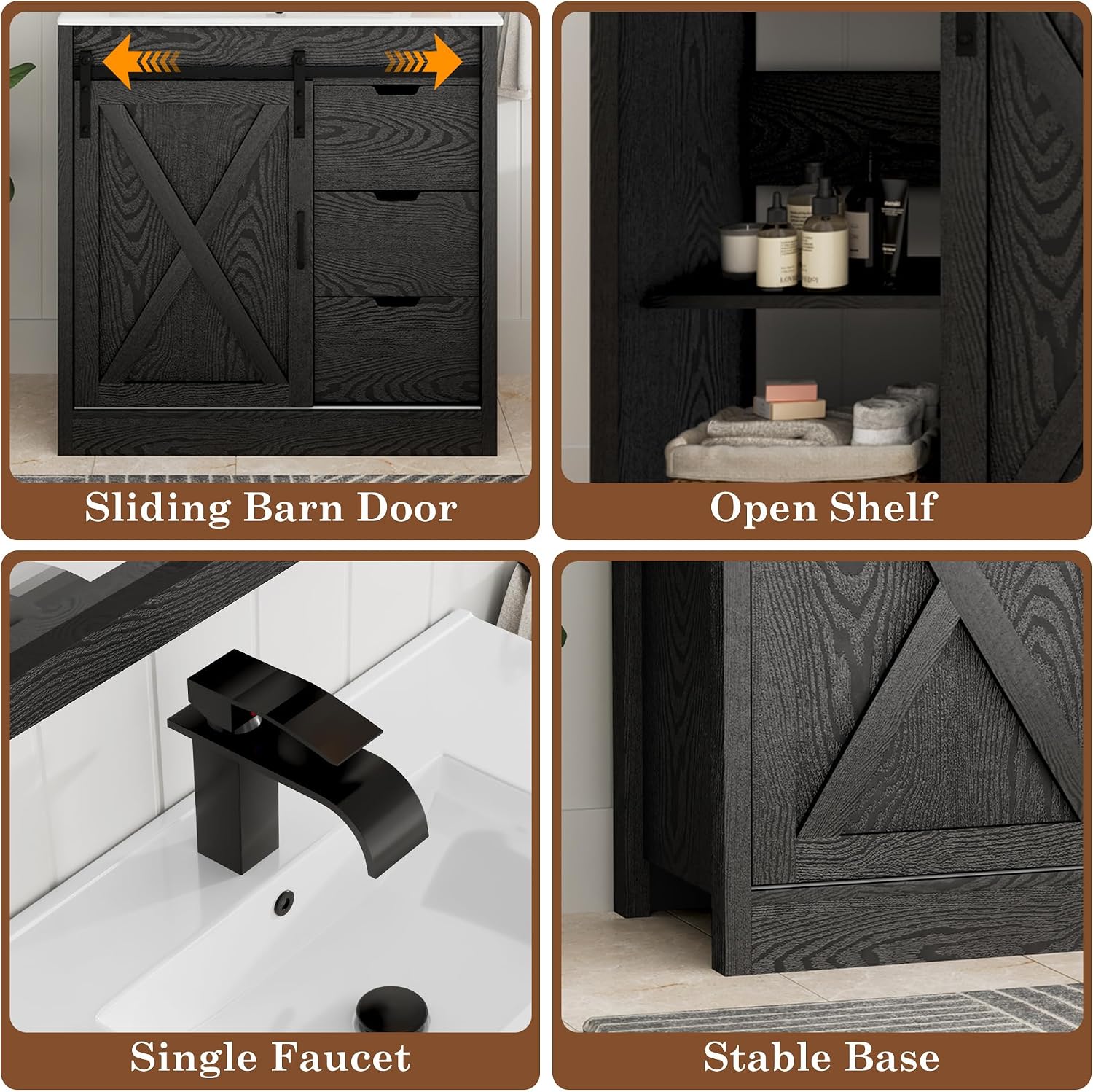 chartustriable 36 Inch Bathroom Vanity with Sink & Faucet & Mirror, Farmhouse Bathroom Vanity Cabinet Set with Sliding Barn Door & Drawers, Small Single Bath Storage Vanity Sink, Black