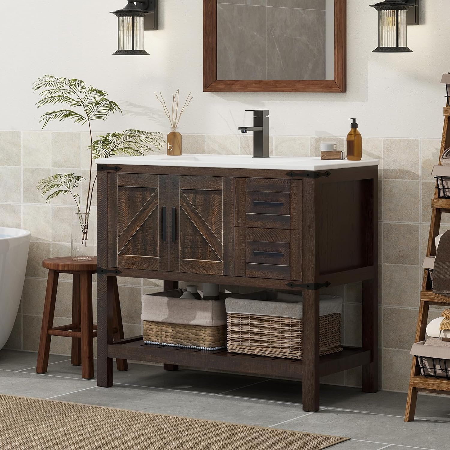 YOURLITE 36' Bathroom Vanity with Sink Combo, Rustic Farmhouse Vanity Cabinet with Under Mount Sink and Faucet, Two Sliding Drawers and Open Shelf, Rustic Brown