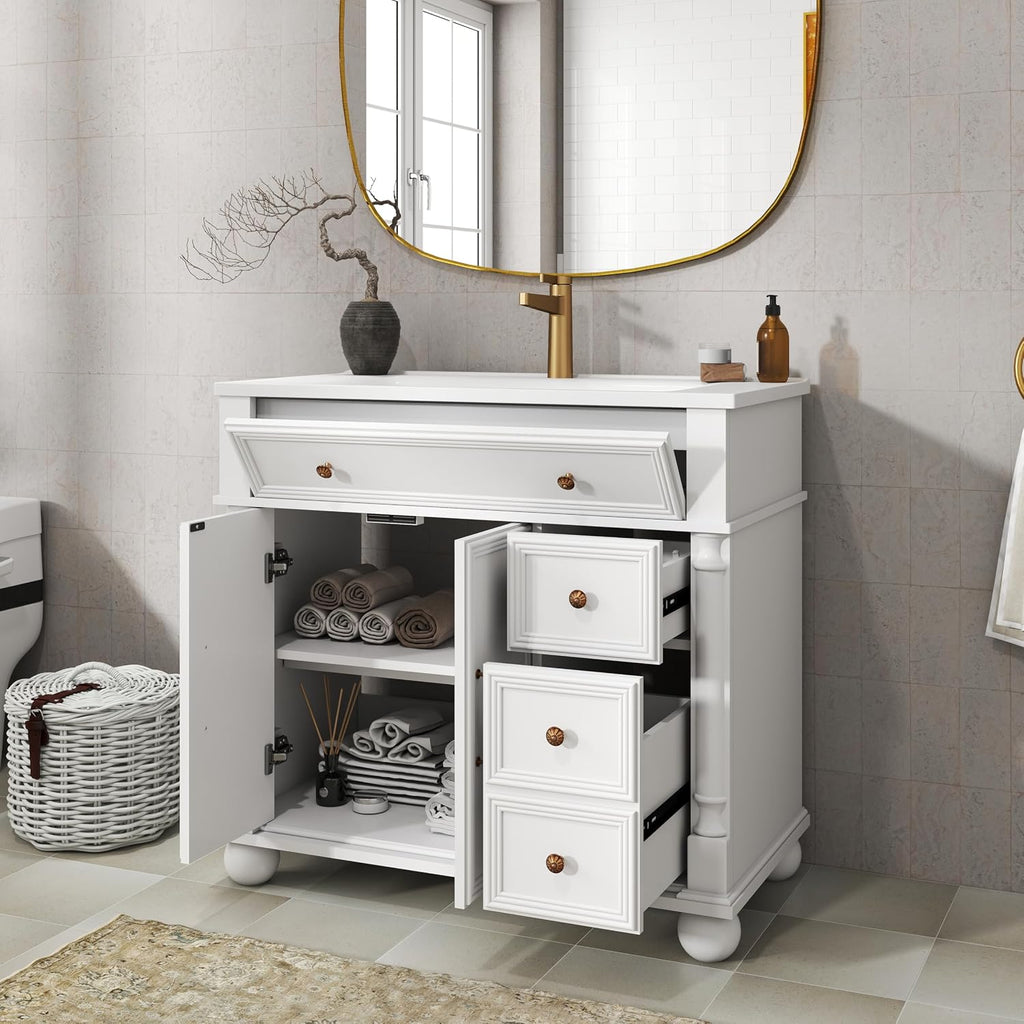 36 inch Bathroom Vanity with Sink, Freestanding Bathroom Vanity Cabinet with Ceramic Sink, Flip Top Drawer, 2 Large Capacity Drawers, Soft Closing Doors, Adjustable Shelf, Round Column Base, White