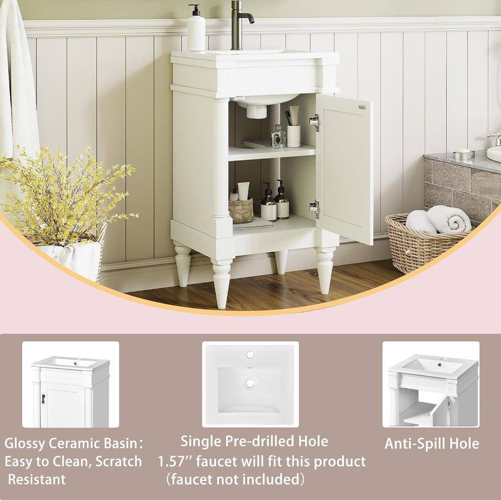 VilroCaz Modern 18'' Bathroom Vanity with Top Sink, Freestanding Bathroom Storage Cabinet with Door and Adjustable Shelf, Single Sink Cabinet with Nordic Style Legs (White-Retro)