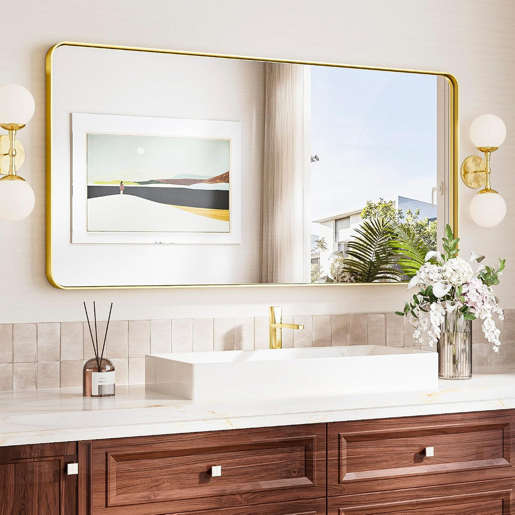 TokeShimi 48x24 Brushed Gold Bathroom Mirror for Over Sink,Bathroom Mirror Rectangle with Tempered Glass,Vanity Mirror with Aluminum Frame(Horizontal/Vertical)