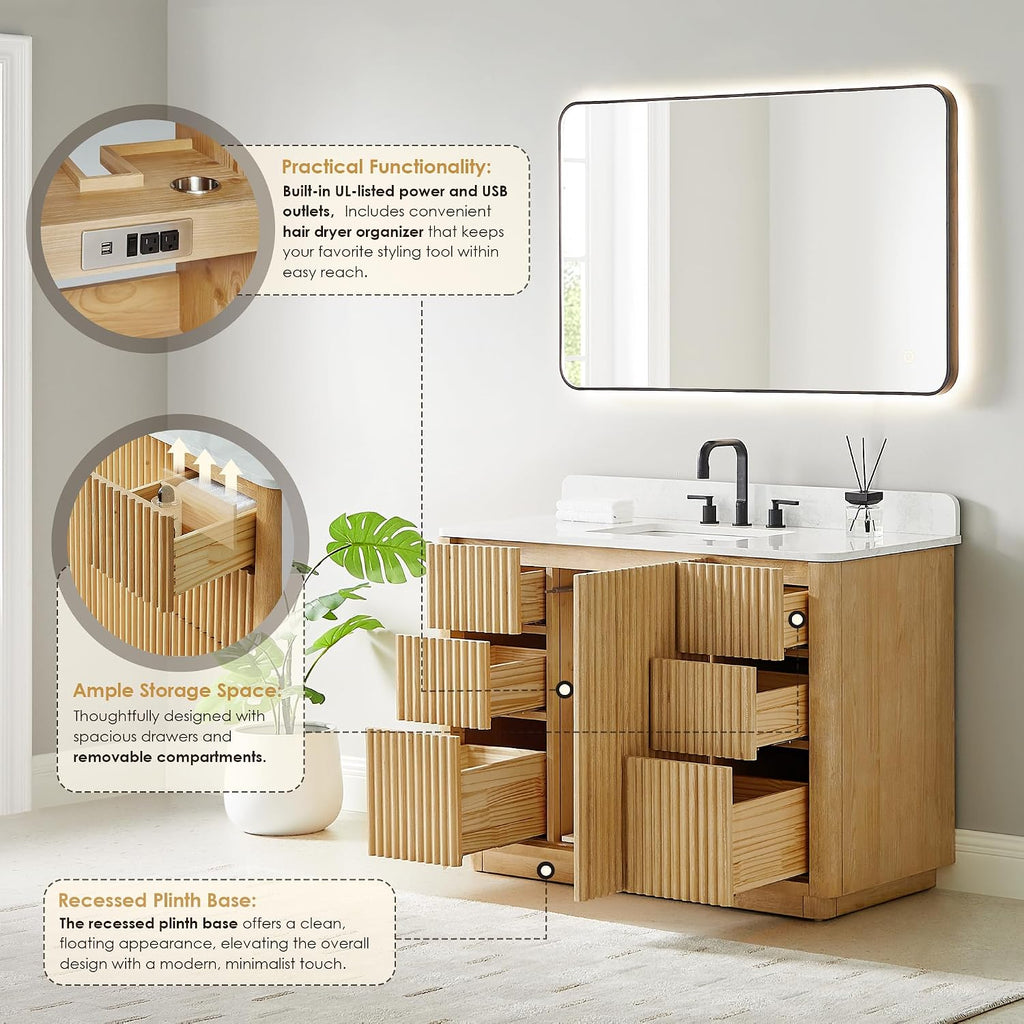 ALTAIR 48 Inch Bathroom Vanity with Sink Mordern Pedestal Single Vanities Light Brown Large Storge Cabinet with Backsplash Ceramic Countertop Pre-Assembled Bath Fixtures Farmhouse