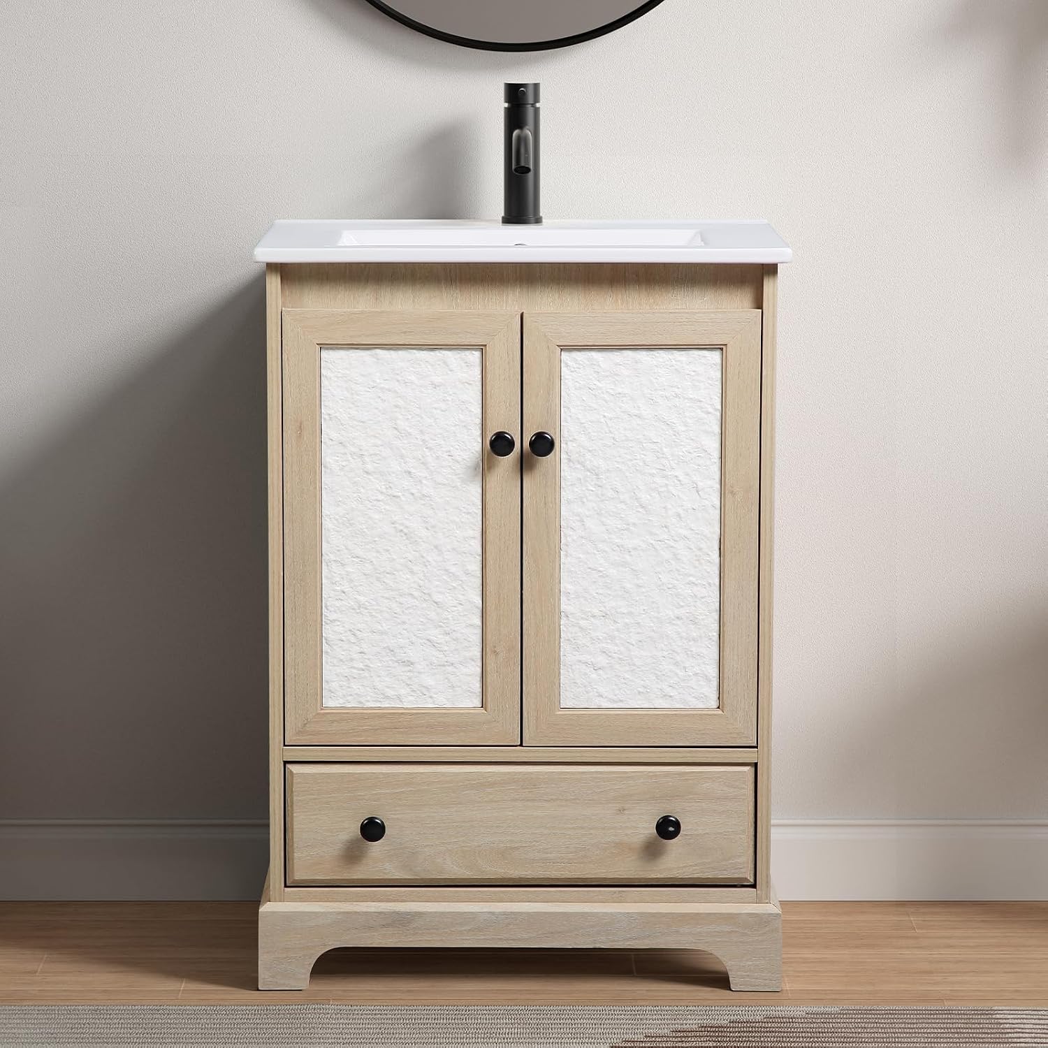 24 inch Bathroom Vanity with Sink, Modern Freestanding Bathroom Vanity Cabinet with Ceramic Sink, Sand Like Texture Cabinet Doors, Soft Closed Drawer, Adjustable Shelf, Easy Assembly