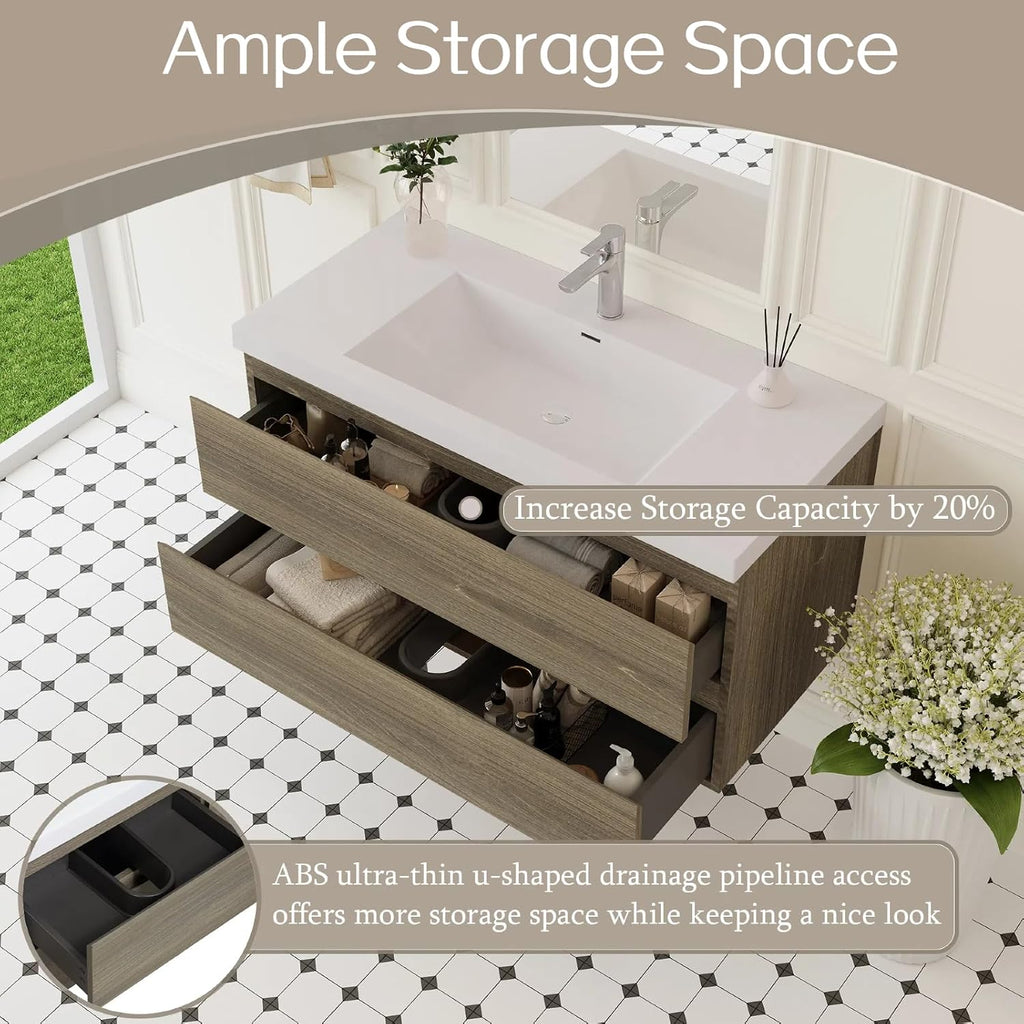 Floating Bathroom Vanity with Sink, Modern 42' Wall Mounted Vanity with Resin Top Basin and 2 U-Shaped Soft-Close Storage Drawers, Bathroom Storage Cabinet with Invisible Handle, Grey