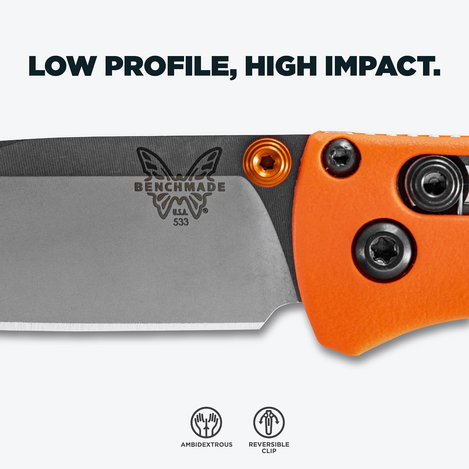 Benchmade - Mini Bugout, Outdoor, EDC Folding Knife, Drop-Point Blade with Orange Grivory Handle (533)