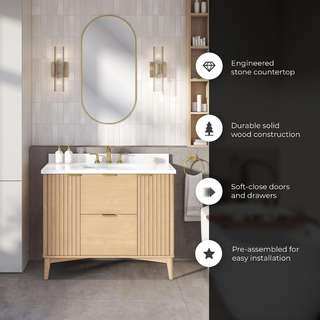 OVE Decors Indy 42 in. Undermount Single Sink Bathroom Vanity with White Engineered Marble Top, Rustic Ash